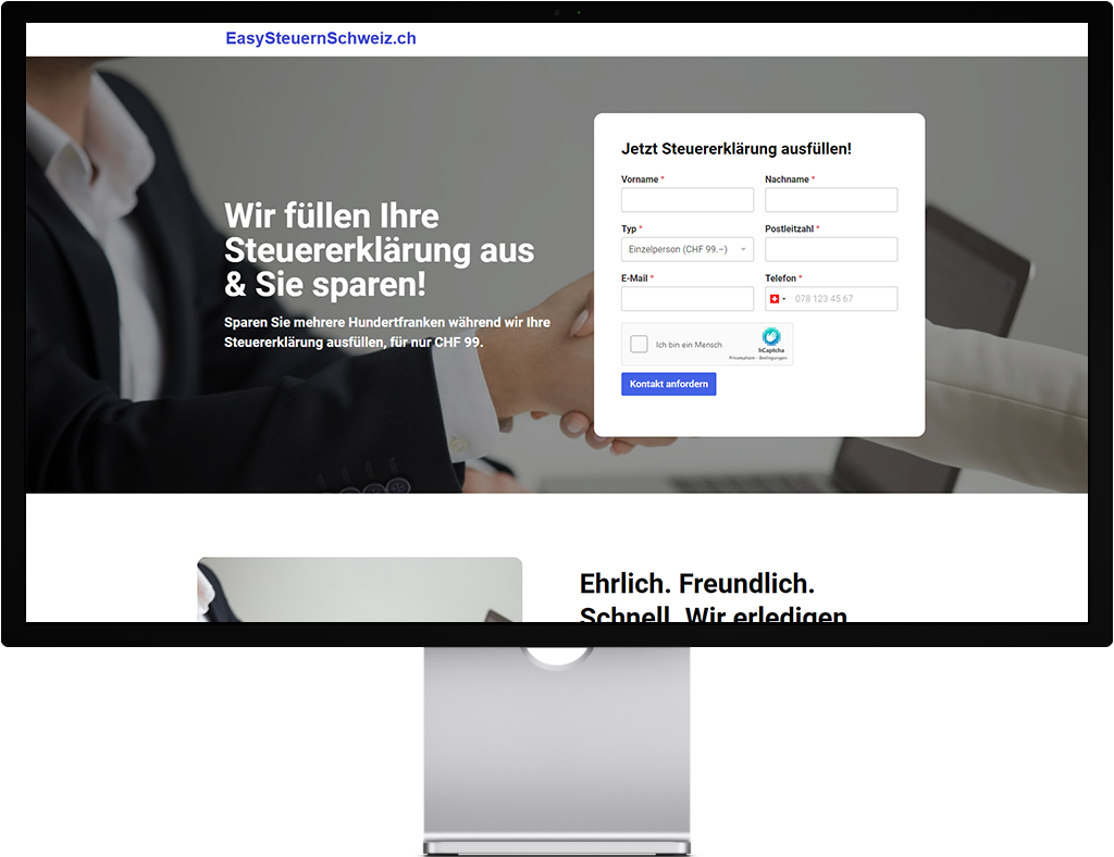 Landingpage für EasySteuernSchweiz mit Kontaktformular
